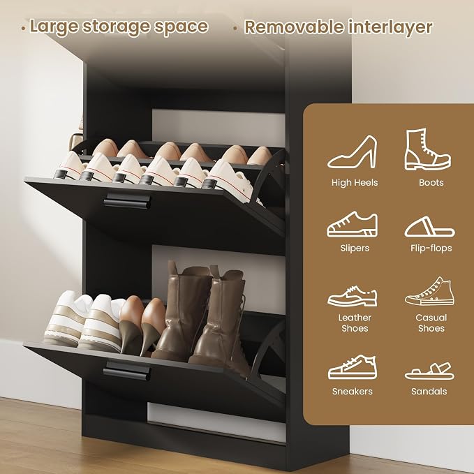 Shoe Cabinet Organizer with 3 Flip Drawers, Freestanding Shoe Storage Cabinet, Adjustable and Removable Dividers, 23.6"W x 8.7"D x 47.2"H Narrow Shoe Rack for Entryway, Foyer, Hallway, Black