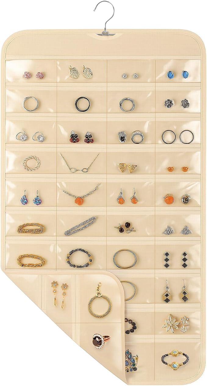 1 Pack Hanging Jewelry Organizer, 80 Clear Pockets earring organizer and storage, Accessories holder organizer for Closet, Jewelries, Necklace, Travel