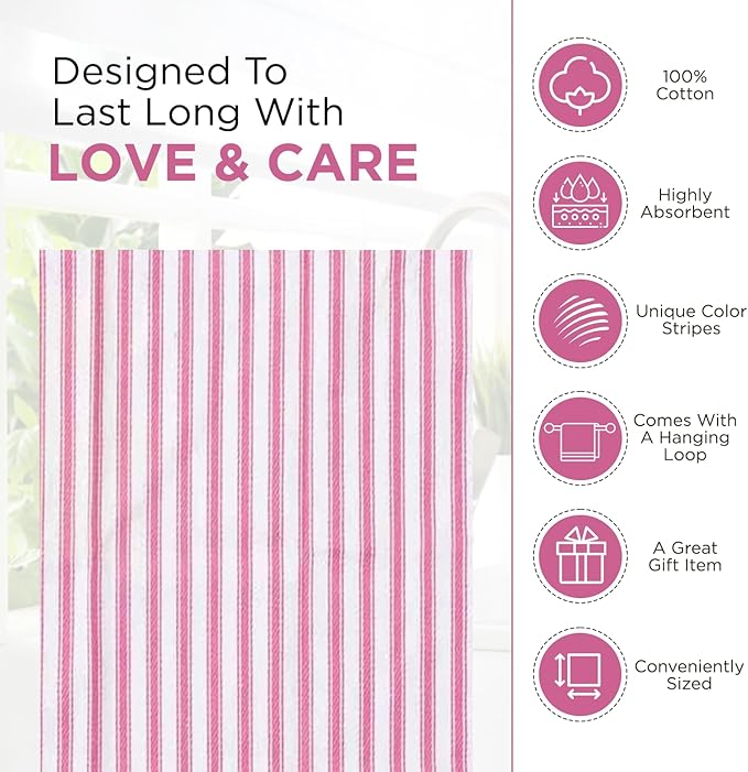 Set of 6 Kitchen Towels, 100% Cotton Dish Towels, with Hanging Loop, Dishcloth Sets for Washing & Drying Dishes, Tea Towels & Hand Towels 18x28, French Stripe, Pink