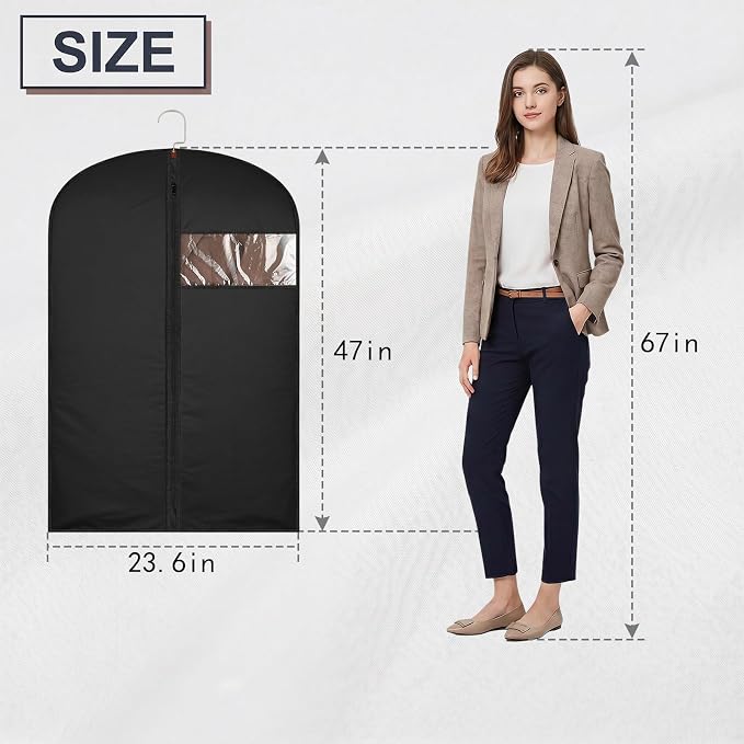 47Inch Garment Bags Covers, Black Hanging Clothes Bag, Suit Cover Bags with Clear Window for Hanging Closet Clothes Storage and Travel (1, Black, 47 inch)