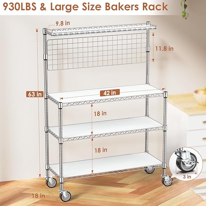 Bakers Rack with Storage & Wheels, 42In Microwave Stand Kitchen Shelves | 4-Tier Heavy Duty Storage Rack with 20 S-Hooks, Commercial Metal Utility Kitchen Cart, 42× 18× 63 Inch, Chrome