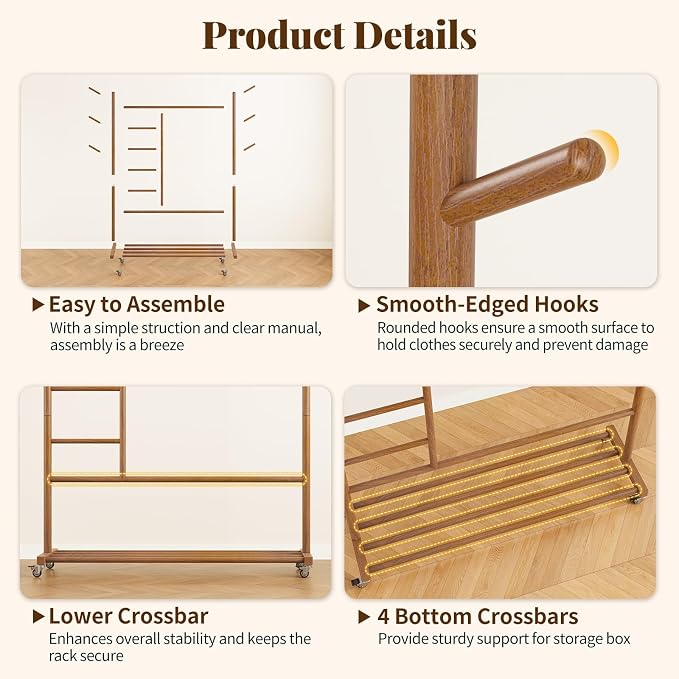 Yoobure Solid Wood Clothing Rack - Rolling Clothes Rack with Wheels, 4-in-1 Coat Rack with Pants Rack & Shelf, Freestanding Clothing Racks for Hanging Clothes, Garment Rack for Closet Bedroom Entryway