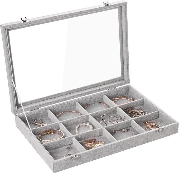 Frebeauty 12 Grid Bracelet Holder Box,Velvet Jewelry Tray with Clear Lid | Real Glass Lid,Bracelet Display,Jewelry Organizer for Bangle Brooch,Adjustable Divider,Dustproof Design,13.8×9.5Inches