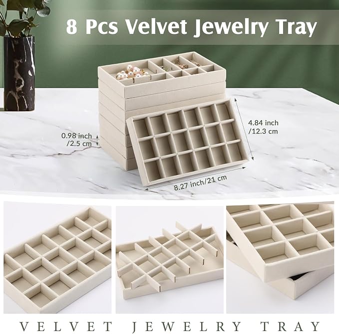 Highergo 8 Pcs Velvet Jewelry Trays Stackable Drawers Organizer Ring Earring Bracelet Necklace Storage Trays, 8.3x4.7x1''(18 Grids)