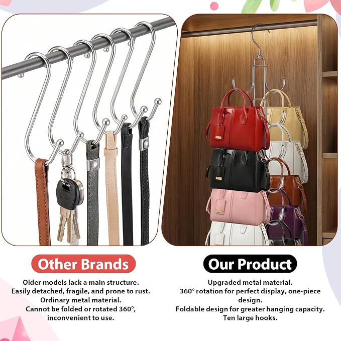 4 Pack Purse Organizer for Closet, Purse Hanger with 10 Big Hooks, 360 Degree Rotation Bag Holder for Organizer Display, Foldable Space Saving Hangers Rack for Handbag, Belt, Scarve, Tie