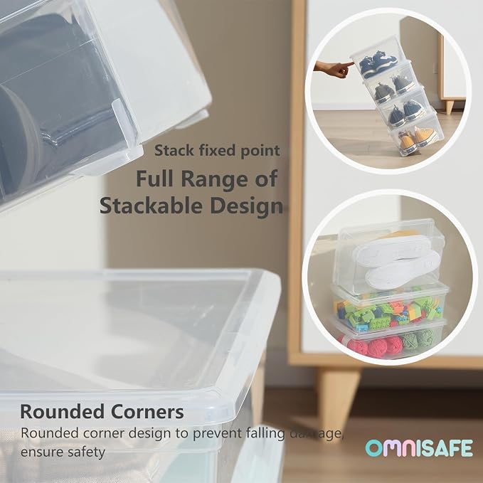 Stackable Plastic Storage Shoebox,Clear Bins (Transparent 8Pack) | BPA-Free, Nestable, Home and Office, Latching Lid, Multi-Purpose