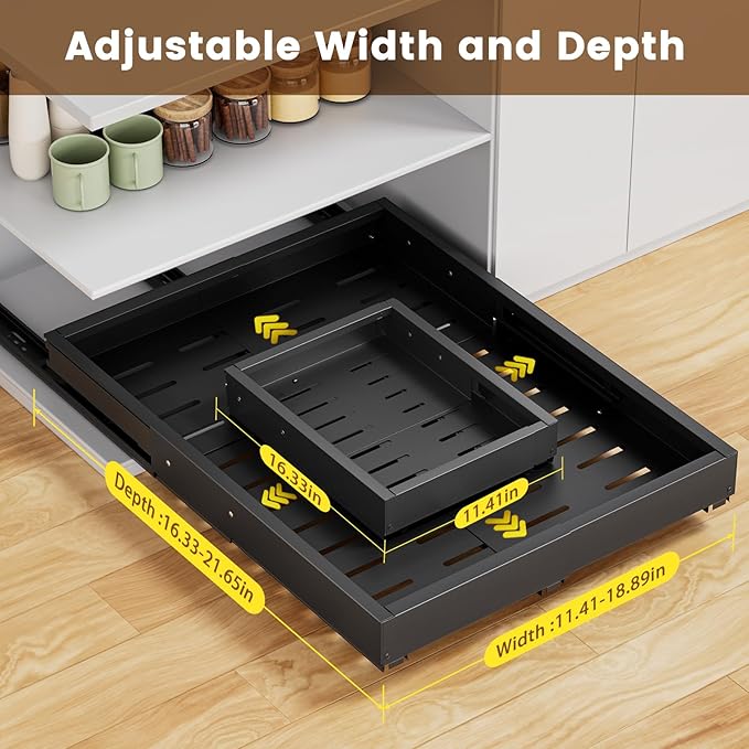 Upgrade 2 Pack Pull Out Cabinet Organizer, Expandable Width (11.4"-18.9") Depth (16.3"-21.7") Pull out Drawers for Cabinets with 3 Rails, No Drill Adhesive Film or Nail Slide out Drawers for Kitchen