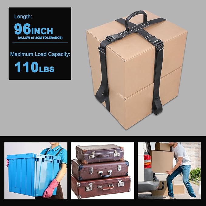 Box Carrying Strap with Handle Adjustable Straps for Battery Box Handheld Belt Carry Straps for Safely Moving and Lifting Heavy Boxes (Black, 96 Inch)