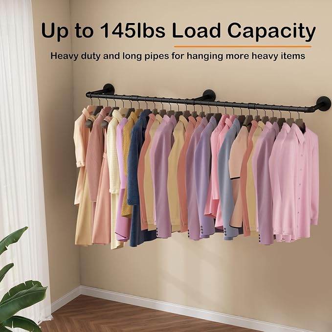 Wall Mounted Clothes Rack 60in, Industrial Pipe Clothing Racks Wall Mount, Heavy Duty Detachable Iron Garment Bar, Saving Space, Multi-Purpose Hanging Rod for Bedroom, Laundry Room, 2 Packs
