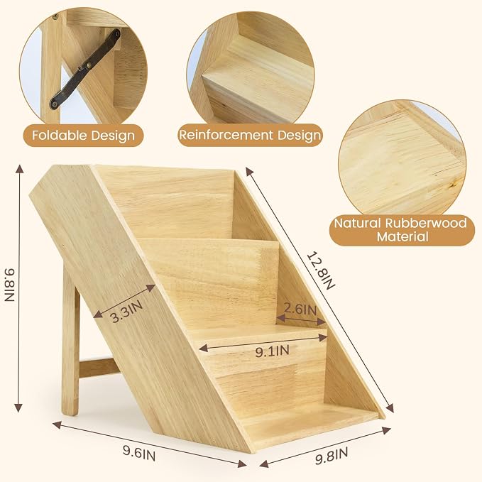 Wooden Spice Rack, Foldable 3 Tier Spice Rack Organizer for Cabinet - Seasoning Rack Use for Kitchen, Countertops, Cabinet Drawer or Pantry (Rack Only)