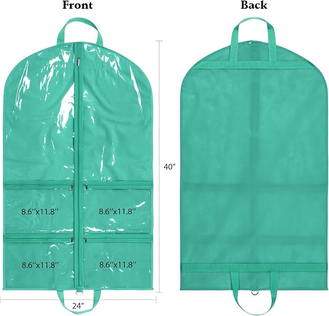 KEEGH 40 inch Clear Garment Bags for Dance Costumes, 2 Pack, Green | 4 Zipper Pockets, for Dance Competitions, Ballet, Theatre, Dance Garment Bags for Dancers, Hanging Clothes for Closet Storage
