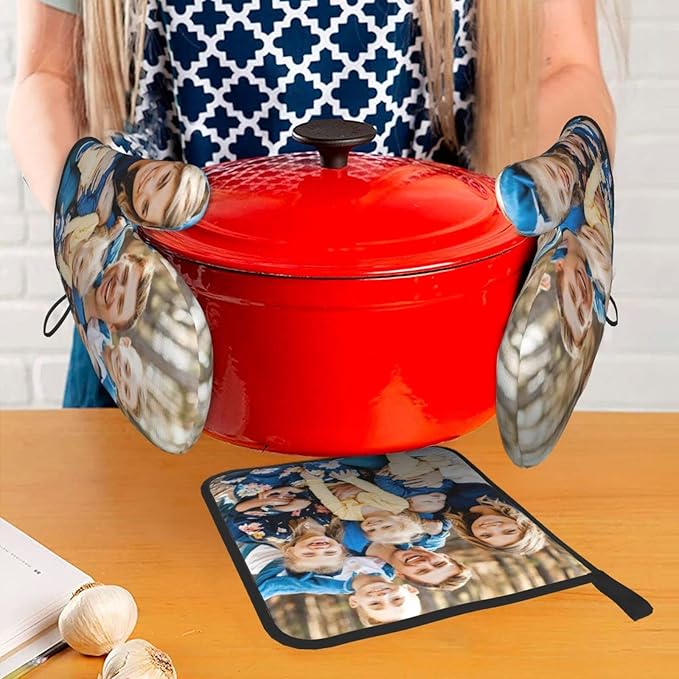 Custom Oven Mitts and Pot Holders Personalized with Your Picture Text, Baking Gifts for Women for Kitchen Cooking, BBQ, Grillin-Style3, 2 Oven Mitts+ 1 Pot Holders