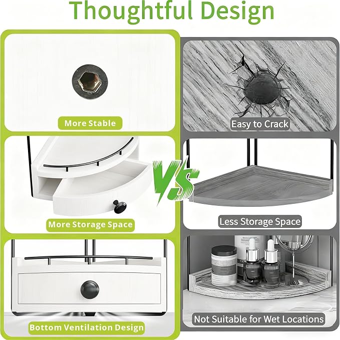 2-Tier Corner Bathroom Counter Organizer with Drawer, White | Embedded Screw Holes, Wooden Countertop Organizers, Space-Saving, Bottom Ventilation Design, Counter Shelf for Vanity