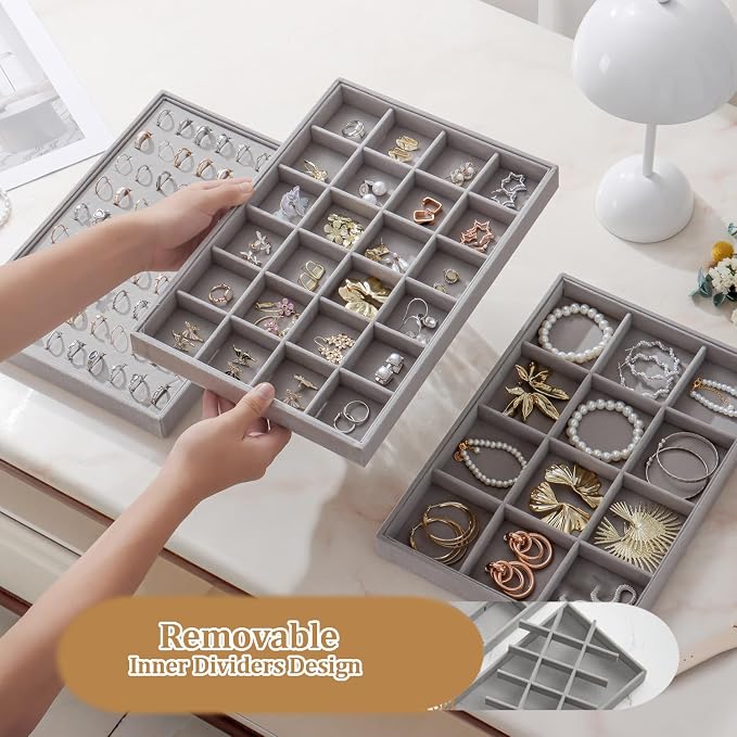 Large Stackable Jewelry Tray 4 Pack Velvet Jewelry Display Drawer Inserts Trays Organizer for Earring Bracelet Necklace Ring (Gray, 24 Grids)