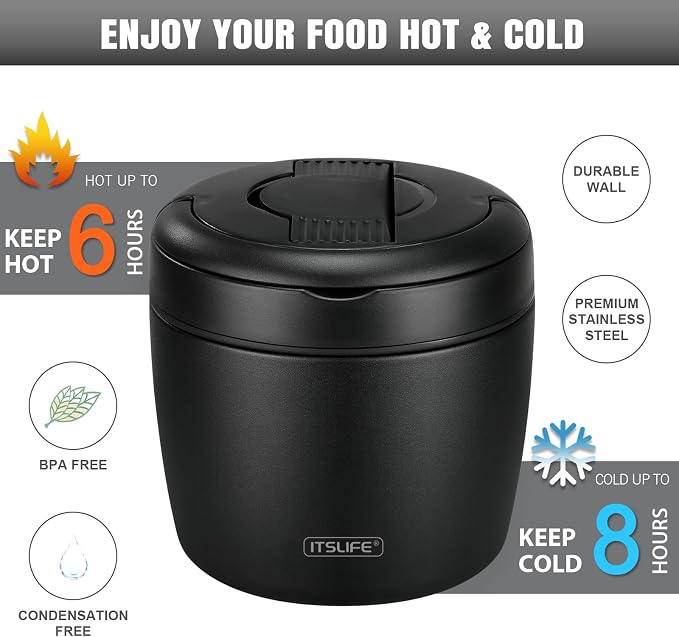 Itslife 32oz Insulated Soup Thermo, Vacuum Stainless Steel Food Jar for Hot & Cold Food, Leakproof Wide Mouth Lunch Container with Spoon, Black