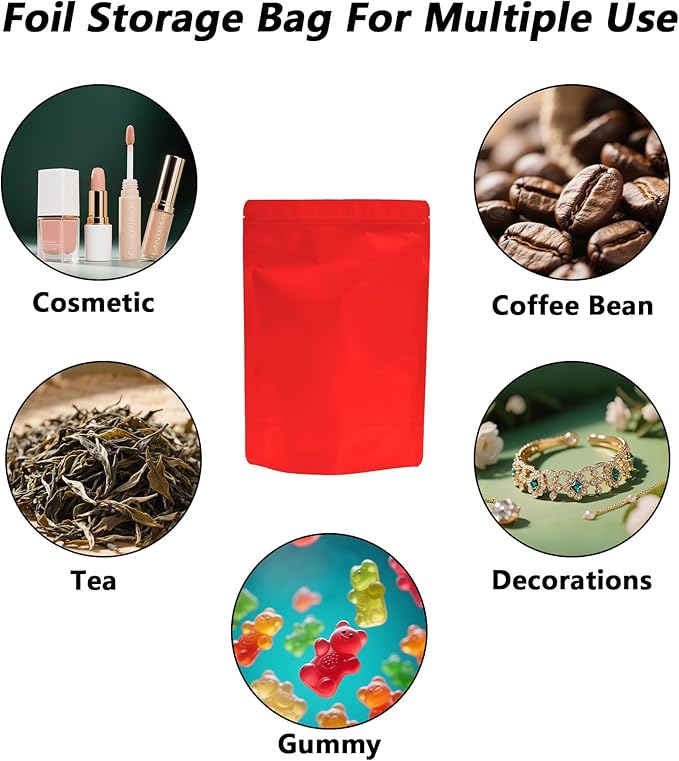 50PCS Smell Proof Resealable Pouch Bags,ULIFESTAR Aluminum Foil Flat Food Storage Bag,Sealable Pcsaging Zipper Pouches with Tear Notches for Pcsaging Lipgloss,Jewelry,etc(18 * 26cm/7.09 * 10.24",Red)