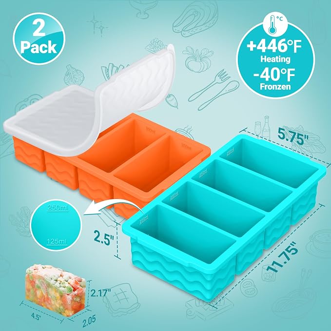 Doasuwish Silicone Freezer Tray for Soup with Lid – 1-Cup Soup Container Cube Style Ice Cube Trays for Freezer, Meal Prep & Food Storage, Freeze 250mL/125mL Portions – 2 Pack
