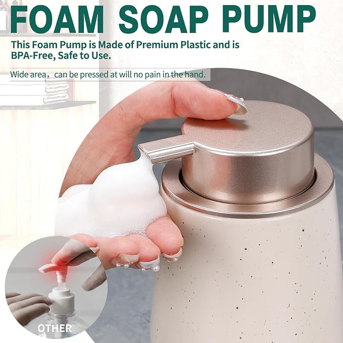 Bosilunlife 12Oz Ceramic Foam Soap Dispenser for Bathroom Kitchen Counter | Premium countertop foam pump creates delicate dense foam, stable desktop placement, Apricot with Speckle