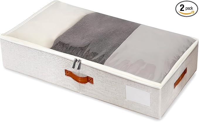 Large Under Bed Storage, 2 Pack Under Bed Storage Containers with Clear Cover, Reinforced Handles and Label Pocket for Dorms, Clothes, Shoes, Blankets, Linens, Only Needs 6" of Clearance