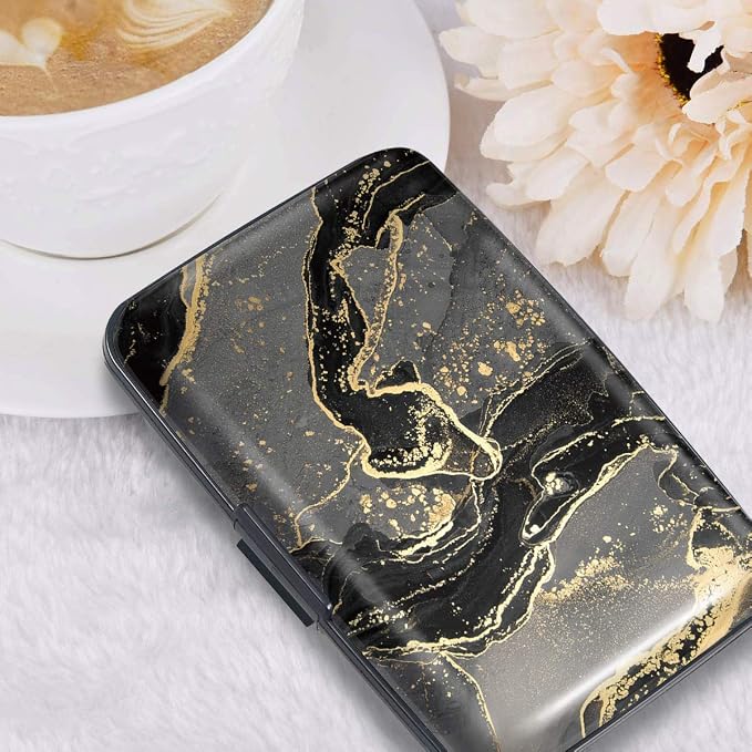 Coco Rossi Credit Card Holder RFID Aluminum Small Mini Wallet Women | Metal Wallet, Business Cards Holder, ID Case, Slim Sleeves, Womens Girls Gift, Carry Proof Wallets for Travel, Black Marble