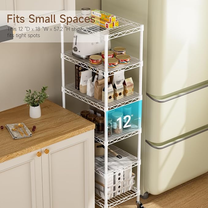 Golpart Small Shelves Storage Wire Metal Adjustable Shelf Unit with Wheels | 6 tier Shelving Organizers Storage Shelving for Bathroom Laundry Room Kitchen Pantry 11.7”D x 17.7”W x 61.6”H White