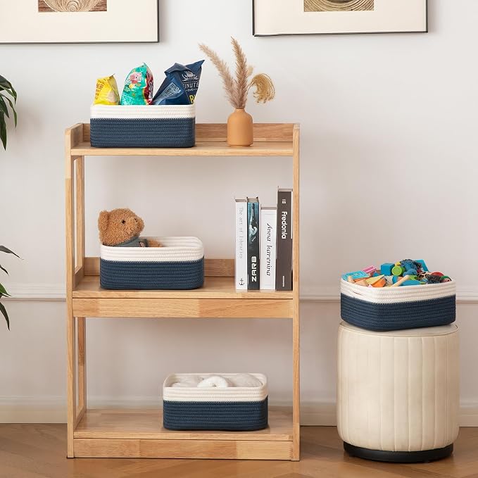 OIAHOMY 4 Pack Storage Baskets for Organizing, Small Bins for Shelves, Cute Decorative Storage Bins, Organizer Baskets for Gifts Empty, 11.8''Lx7.8''Wx4.7''H, Blue/White