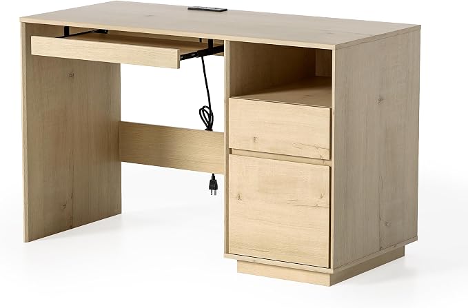 EYYTHUNG Farmhouse Computer Desk, 47" Home Office Desk with File Drawer & Open Storage & Power Outlet, Large Wooden Executive Desk for Study Writing, Light Oak