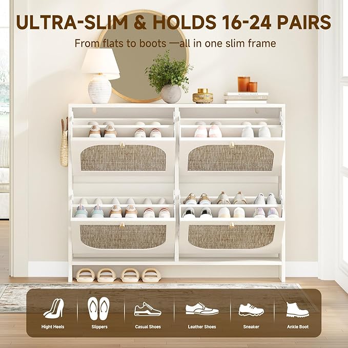 Nicetree Rattan Shoe Cabinet for Entryway, 9.5" Ultra-Thin Narrow Shoe Rack with 4 Flip Drawers, Boho Slim Shoe Storage Organizer with Adjustable Shelves, Anti-Tip Safety, Fits Size 13 Men's Boots
