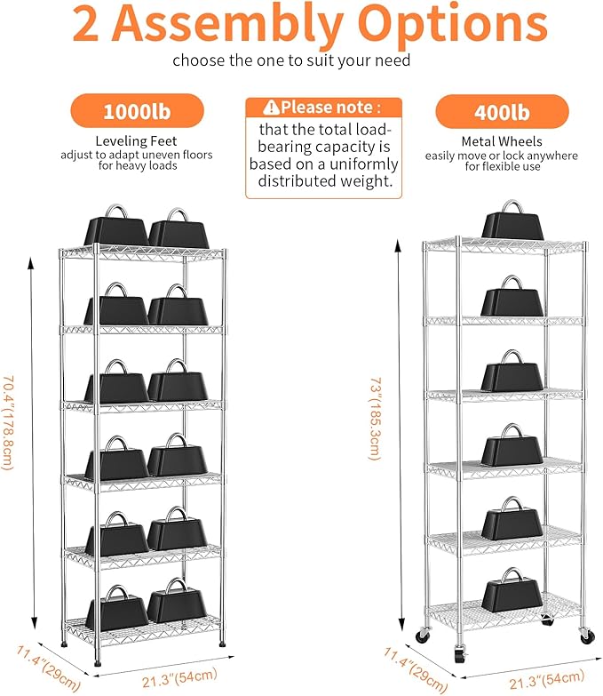 6-Tier Wire Shelving Unit,21.3" Wx11.4 Dx73 H,Metal Shelf Racks with Lockable Wheels, Height Adjustable Storage Shelves for Narrow Space/Laundry/Bathroom/Kitchen/Pantry/Closet/Chrome