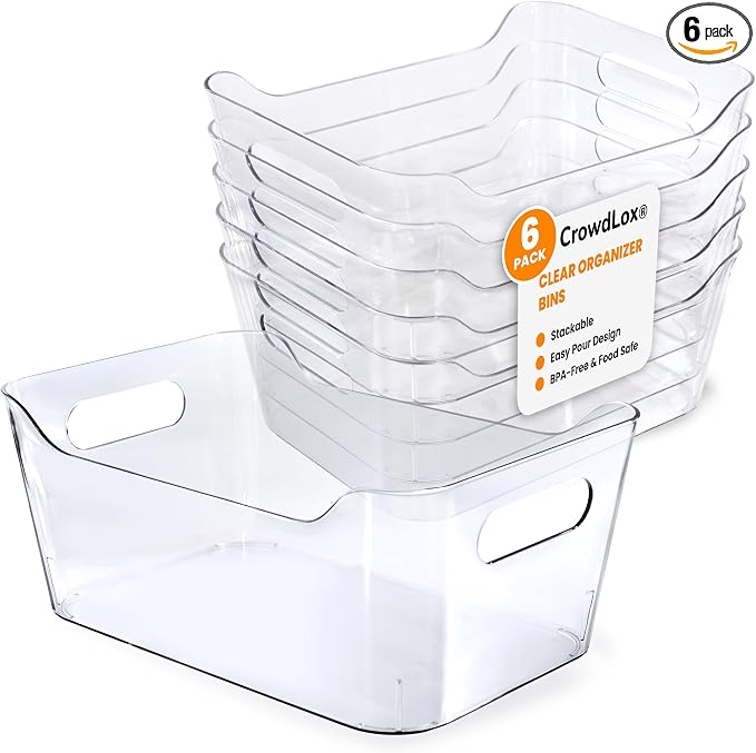6 Pack Clear Plastic Storage Bins with Lids & Labels, Stackable Organizer Containers with Built-In Handles, BPA-Free Pantry Organization Bins for Kitchen