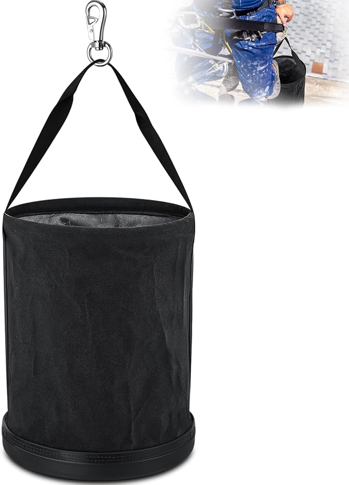 1 Pack Canvas Bucket 15" x 12" Heavy Duty Lineman Tool Bag with Plastic Bottom & Metal Hook Electrician Tool Organizer for Jobsite Use, Load Rated up to 150 Pounds (Black)