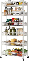 SINGAYE 6 Tier Shelf Wire Shelving Adjustable Storage Shelves Basket Rack | Adjustable Shelves with Wheels Metal Storage Unit Closet Bathroom Organizers Pantry Kitchen Garage Laundry Room White
