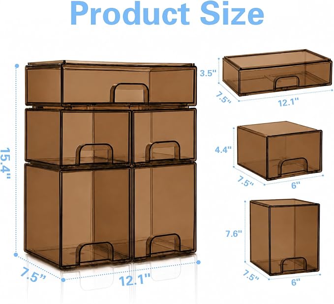 Baby Bottle Organizer, 5 Pack Tea Brown Acrylic Stackable Storage Drawers, Baby Bottle Storage Organizer for Countertop, Nursery, Vanity & Cabinet