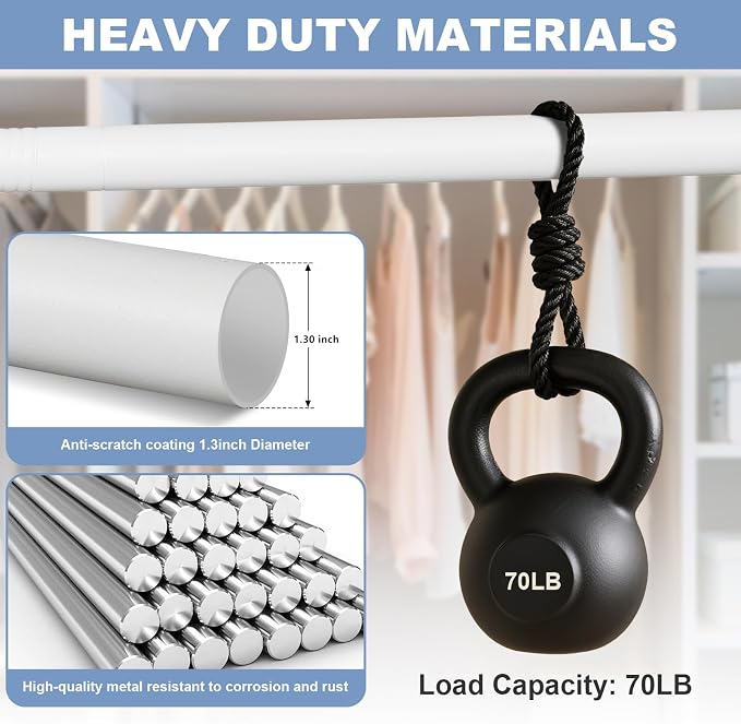 Closet Rods For Hanging Clothes,17-99 Inches Stepless Spring Adjustable Closet Rod With bracket U-shaped,1.3 Inches Heavy Duty White Closet Hanging Rod For Wardrobe,Laundry room,Bathroom And Windows