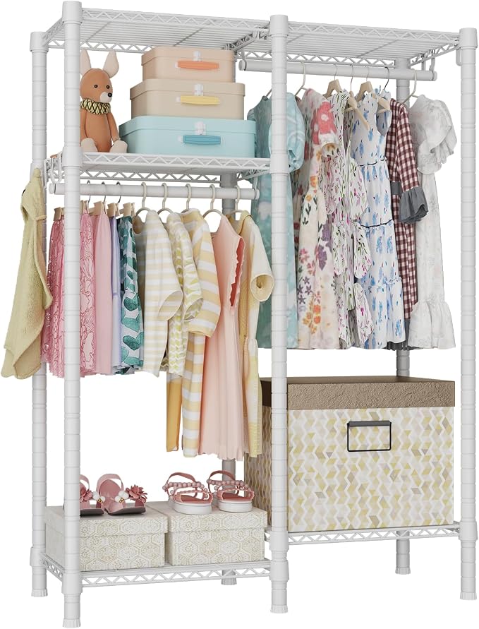 Ulif F1 Garment Rack for Kids, Baby, Students, and Children's Room, 4 Tiers Freestanding and Portable Heavy Duty Closets, Small Metal Clothes Rack with 2 Hanging Rod, 31.2" W x 11.8" D x 48" H, White