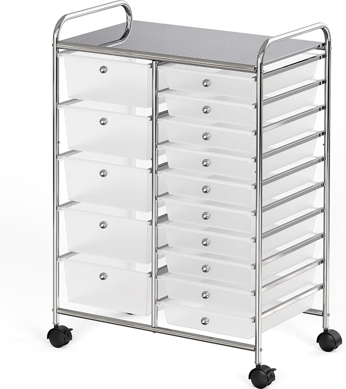 Simple Houseware 15 Drawers Rolling Utility Cart Art Craft Storage, Chrome | 2-Column, 35.8" Height, Lockable Wheels, for School, Office, Art Craft, and Paper Storage