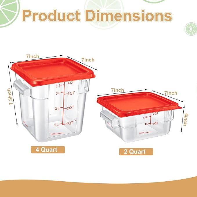 Barydat 4 Pcs Square Food Storage Containers with Lids Measurement Scales, 2qt & 4qt Clear Plastic Stackable Containers for Dough Proofing Baking Kitchen Restaurant and Pantry Organization(Red)