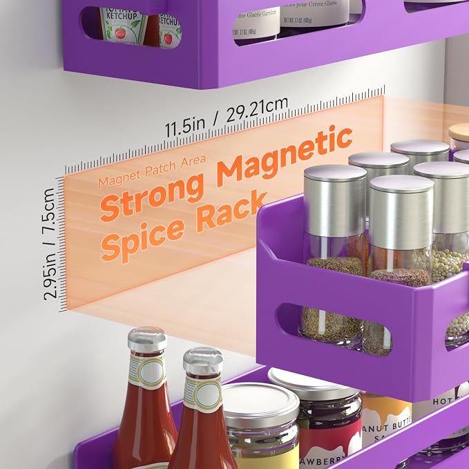Sevenblue 4-Pack Magnetic Spice Rack for Refrigerator with Hooks, Purple | Strong multipurpose magnetic shelf for kitchen & bathroom organization. Includes 4 removable hooks for hanging items.