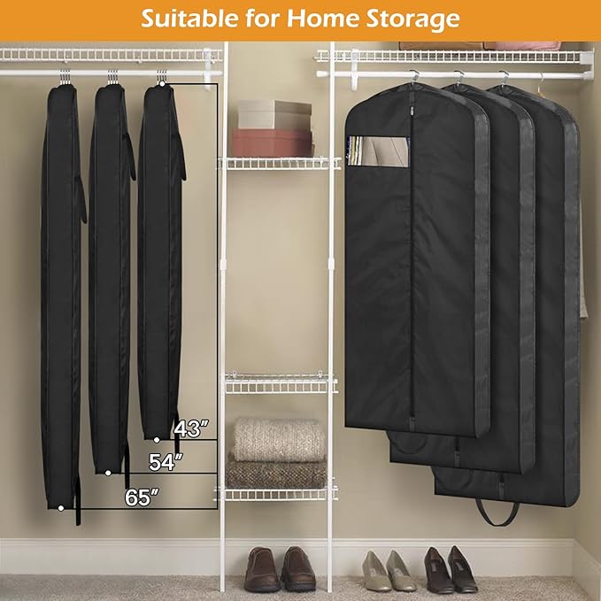 MISSLO 65" Long Garment Bags for Travel Dress Bags for Hanging Clothes 2 Packs Wedding Dress Cover Waterproof Clothes Protector for Closet Storage for Gowns, Tuxedos, Coats, Black
