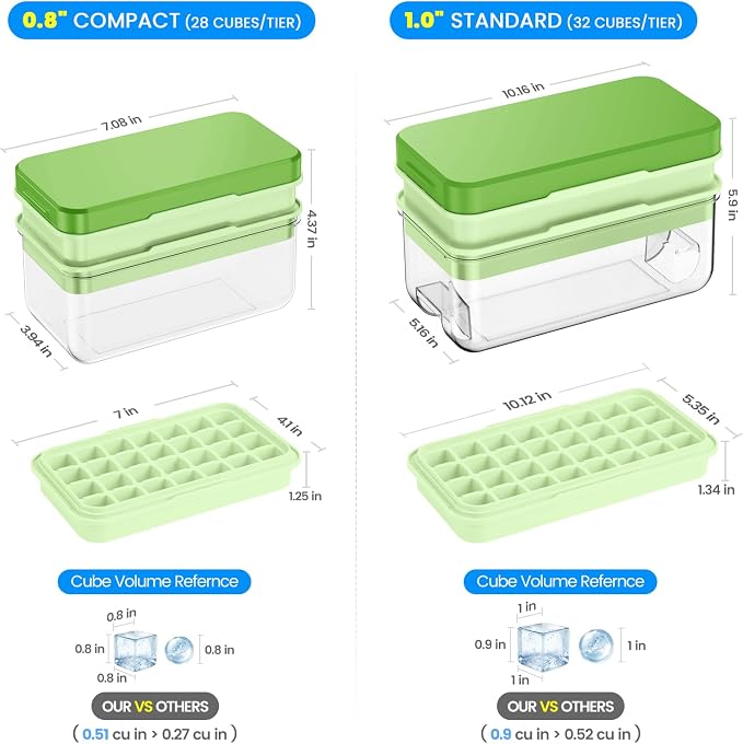 0.8“ Ice Cube Tray with Lid and Bin, PHINOX 56 Cubes Ice Trays for Freezer, Ice Cube Trays for Freezer with 2 trays, Container, Lid & Ice Scoop, BPA Free, Green(28Cubes/Tier)