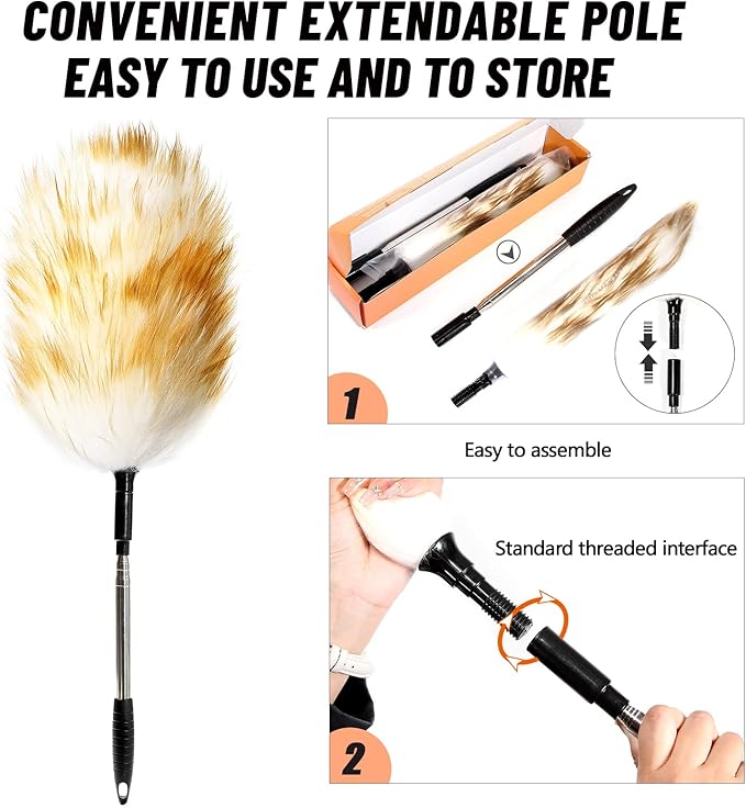 Extendable Lambswool Duster, Up to 82 in, Aluminum Handle | Single duster, Up to 82 in reach, Natural lambswool head, Aluminum handle, Reusable for ceilings, fans and furniture