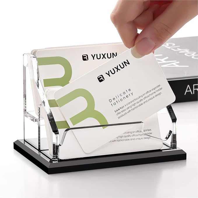 YUXUN Black Business Card Holder for Desk-2 Tier 2 Slot, Acrylic Business Card Holder for Women Men, 100+ Business Cards Display Stand, Multiple Business Card Display for Exhibition, Home, Office
