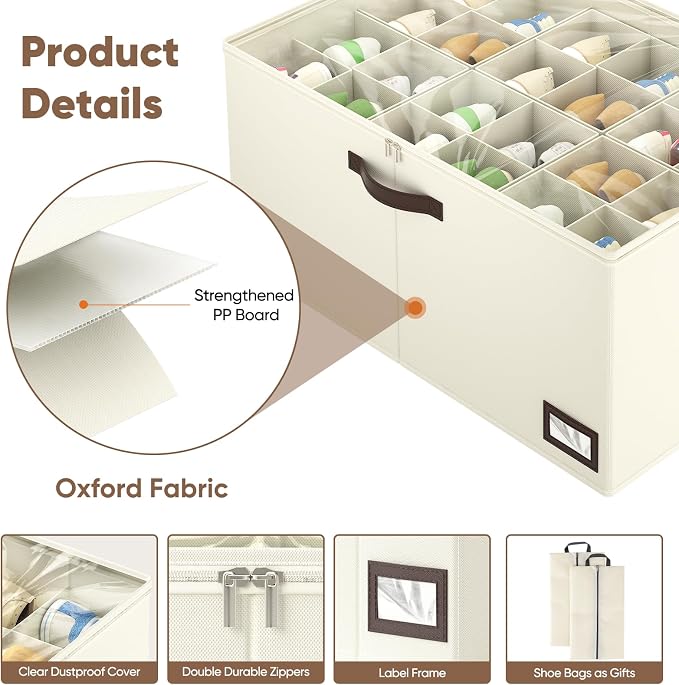 OIAHOMY 2 Pack Shoe Organizer for Closet, Large Foldable Shoe Storage Bins with Dividers and Reinforced Handles, Each Clear Cover Sneaker Box Fits Up to 24 Pairs for Entryway and Bedroom, Beige