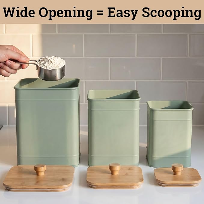 Kitchen Canisters for Countertop Set of 3 w/ Chalkboard Labels & Marker Pen | Airtight Easy Open Bamboo Lids, Dent-Resistant Thick Metal, Customizable Chalkboard Labels, Marker Pen Included, Set of 3