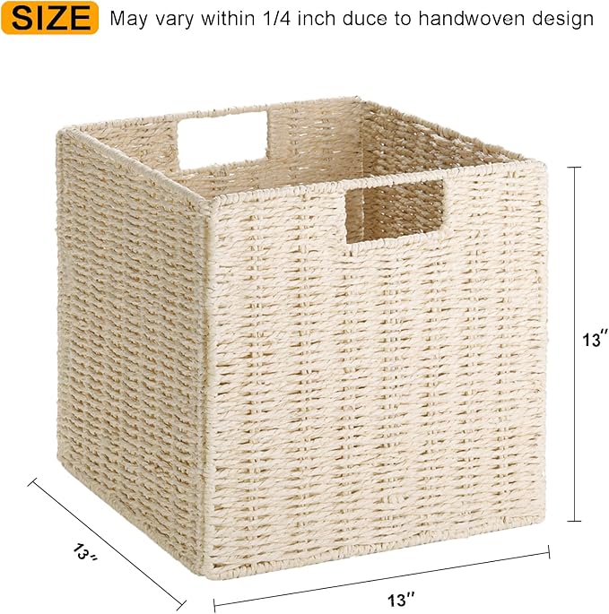 Vagusicc Wicker Storage Basket, Set of 2 Hand-Woven Paper Rope Wicker Baskets, Foldable Cube Storage Bins, Beige Storage Basket, Square Baskets for Organizing Shelves & Decor, Beige(13″×13″×13″)