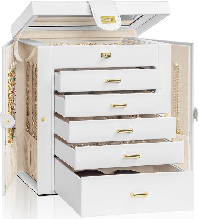 AKOZLIN 6-Tier Jewelry Box Organizer Functional 5 Drawers Leather Jewelry Storage Case for Women Girls Ring Necklace Earring Bracelet Holder Organizer with Mirror White Large