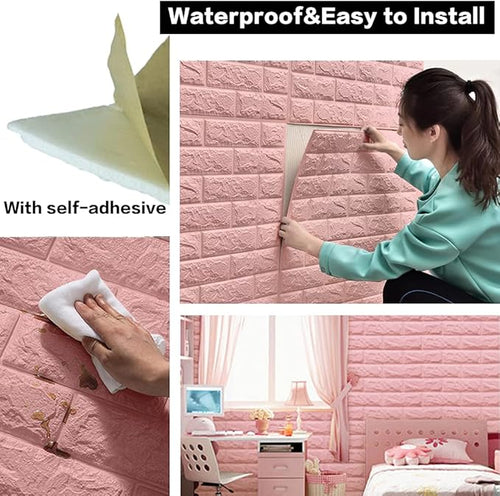 10 PCS Pink 3D Wall Panels, 14.5 sq.feet Coverage, Printable Wallpaper Sticker with Self-Adhesive Waterproof Brick PE Foam Wall Panels Peel and Stick for Interior Wall Decor Home Decoration