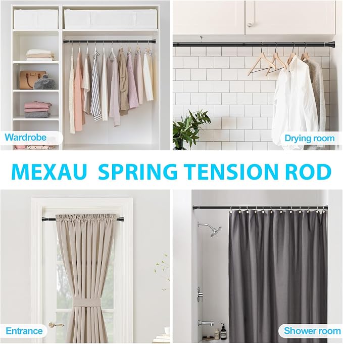 Spring Tension Curtain Rod 28 To 48 Inch Adjustable Expandable Black Tension Rod 7/8" Shower Curtain Rods No Drilling Spring Loaded Curtain Rod for Windows Bathroom Closet Kitchen Bedroom Doorway Door