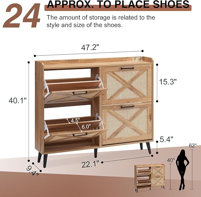 Barnyatoh Shoe Storage Cabinet, Boho Shoe Organizer with 4 Flip Drawers & Rattan Design,Farmhouse Freestanding Hidden Slim Narrow Shoe Rack Cabinet for Entryway, Foyer,Hallway,Natural