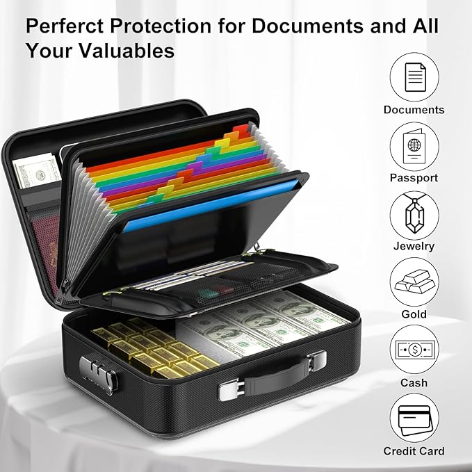 COLCASE Fireproof Document Box with Lock, Hard Fireproof Document Organizer | Hard-Shell Fireproof Waterproof Documennt Box with Combination Lock Black